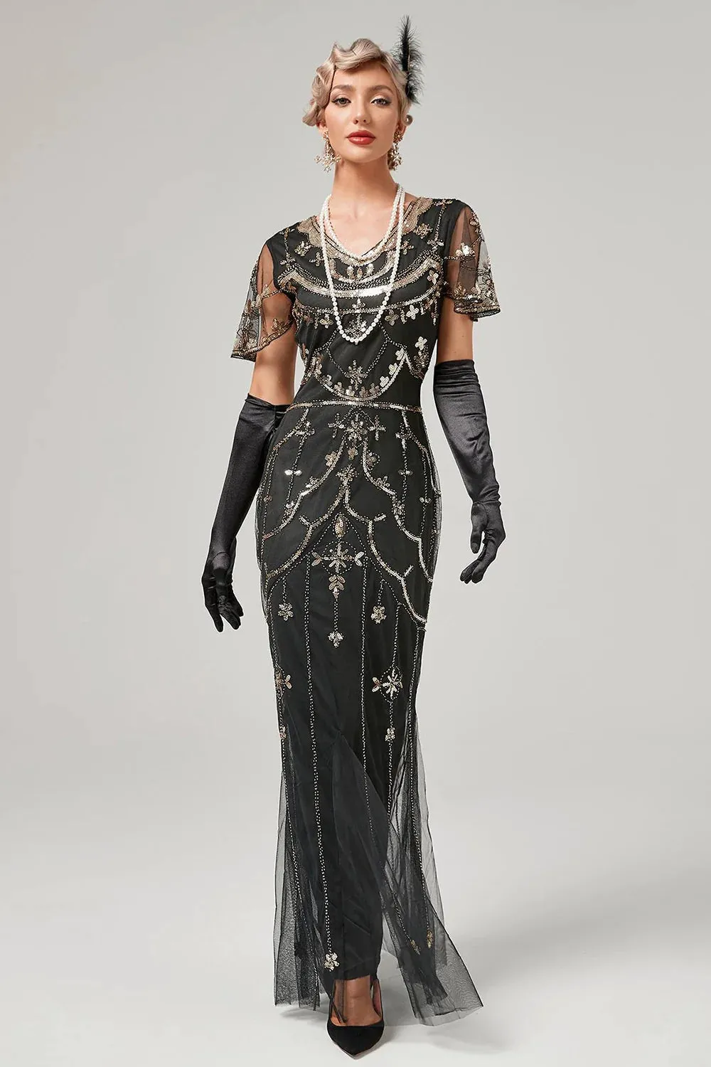 Black Beaded Long Flapper Dress with 1920s Accessories Set sold by Zapaka product image thumbnail 2