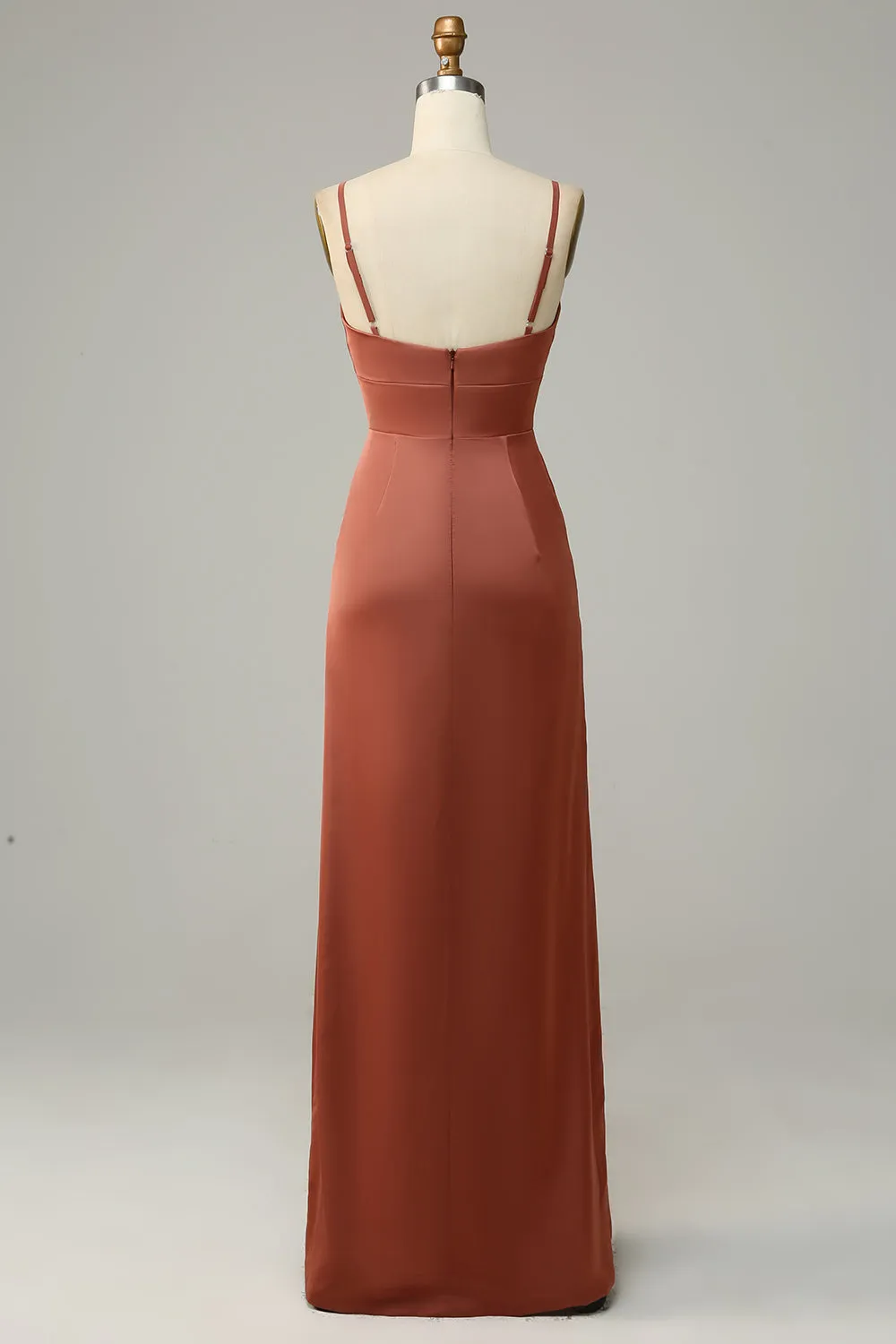 Brick Red Sheath Spaghetti Straps Satin Bridesmaid Dress With Slit sold by Zapaka product image thumbnail 2
