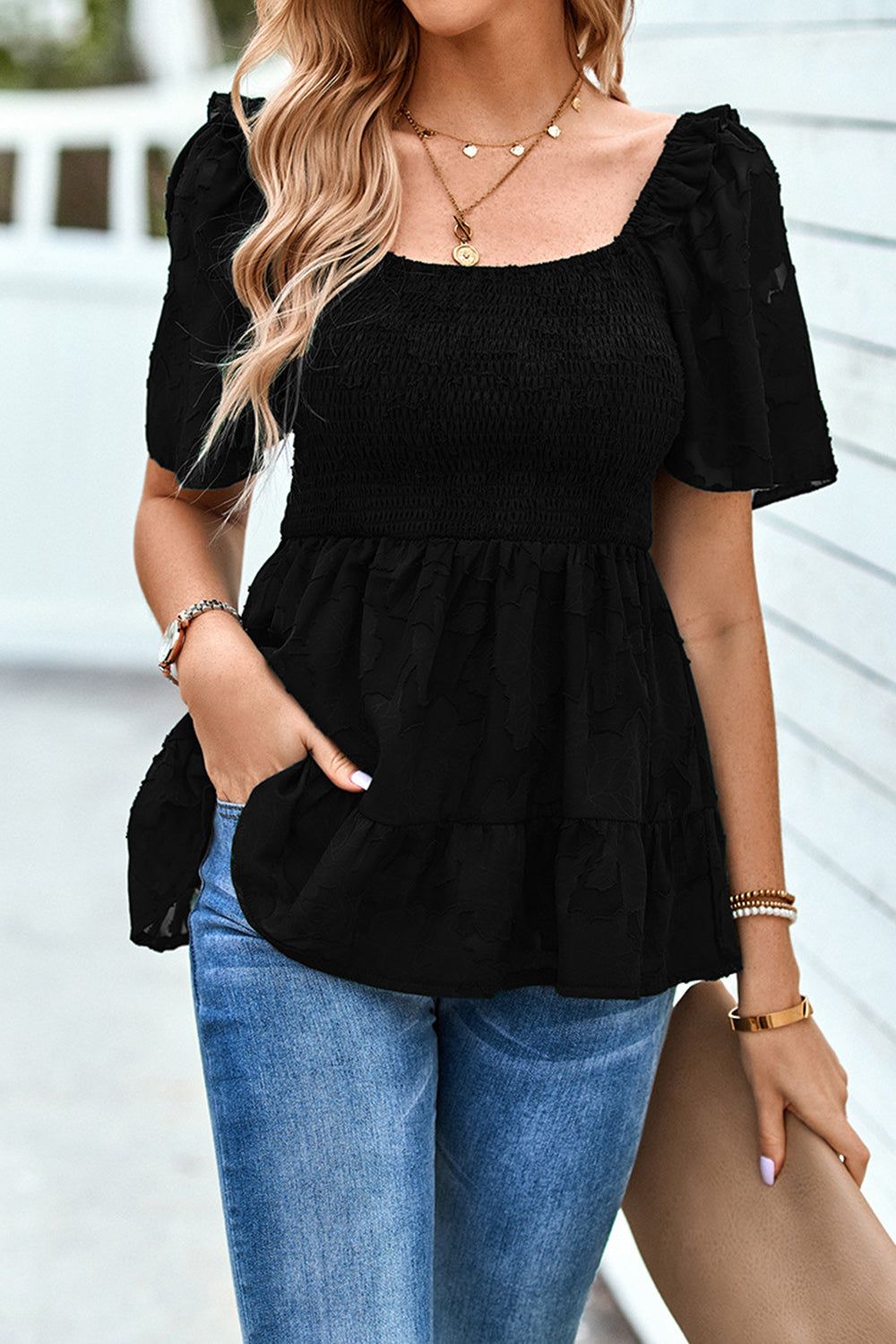 White Square Neck Short Sleeves Shirt With Appliques sold by Zapaka product image thumbnail 4