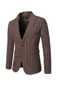 Coffee Pinstriped One Button Notched Lapel Men‘s Blazer sold by Zapaka
