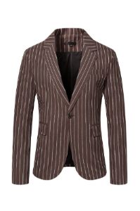 Coffee Pinstriped One Button Notched Lapel Men‘s Blazer sold by Zapaka