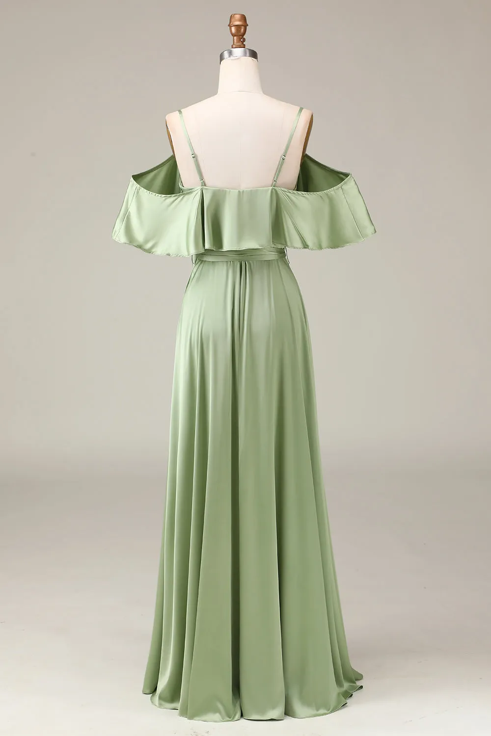 Matcha Spaghetti Straps Cold Shoulder A-line Satin Bridesmaid Dress sold by Zapaka product image thumbnail 2