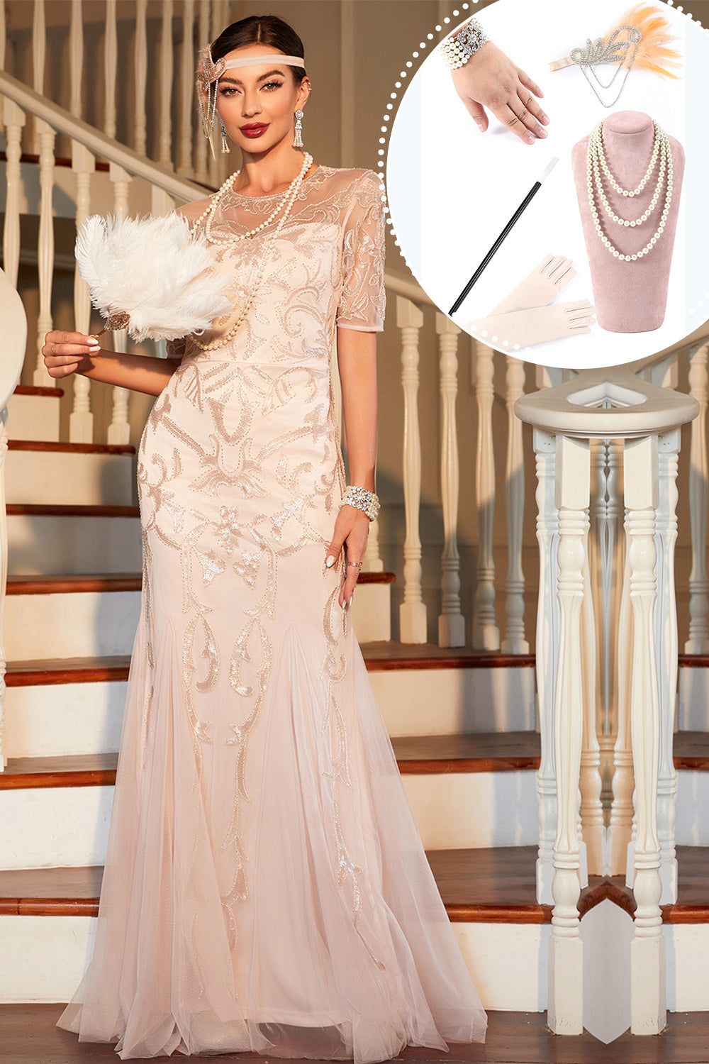 Sparkly Blush Sequined 1920s Flapper Dress with 20s Accessories sold by Zapaka