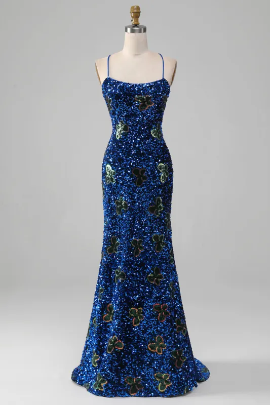 Royal Blue Mermaid Spaghetti Straps Sequins Prom Dress With Slit sold by Zapaka