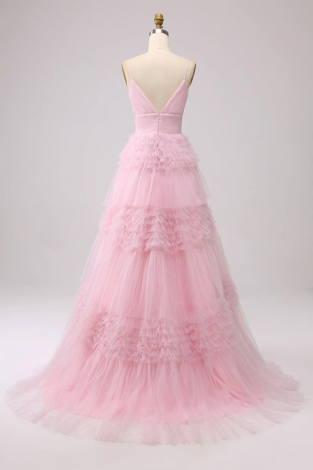A Line Spaghetti Straps Light Pink Long Prom Dress with Ruffles sold by Zapaka product image thumbnail 2