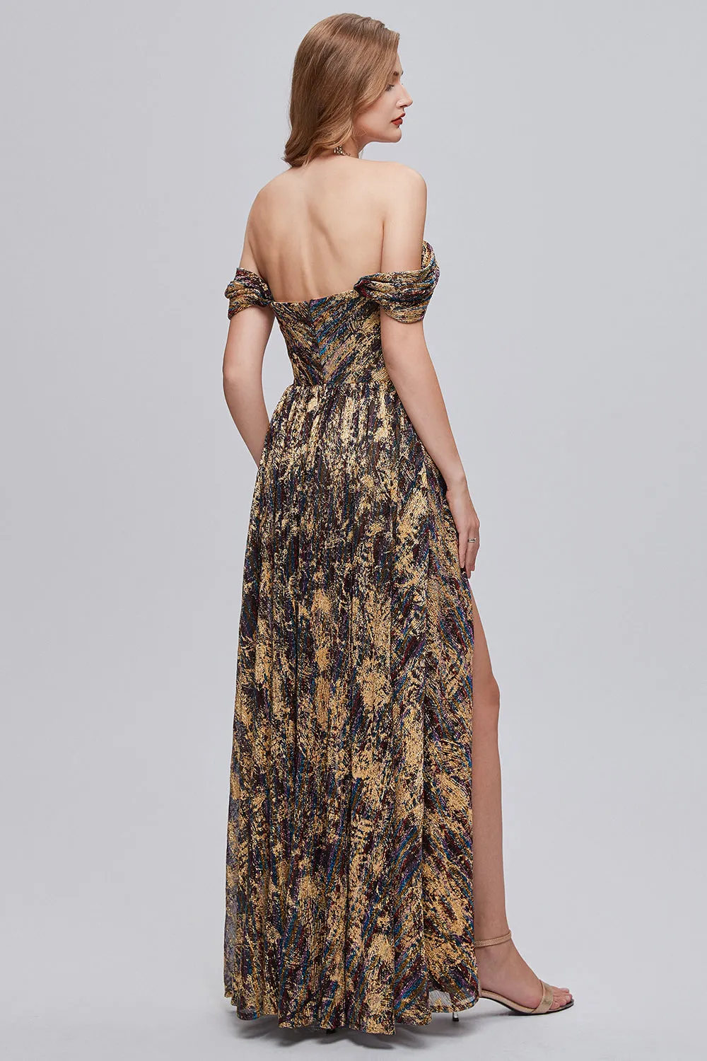 Glitter Brown Off the Shoulder Formal Dress with Slit sold by Zapaka product image thumbnail 2