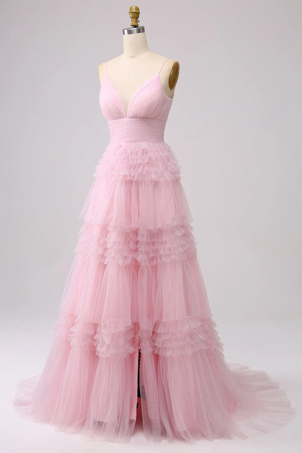 A Line Spaghetti Straps Light Pink Long Prom Dress with Ruffles sold by Zapaka product image thumbnail 3