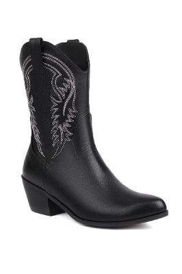 Black Embroidery Chunky Heel Poined Toe Boots made by Zapaka