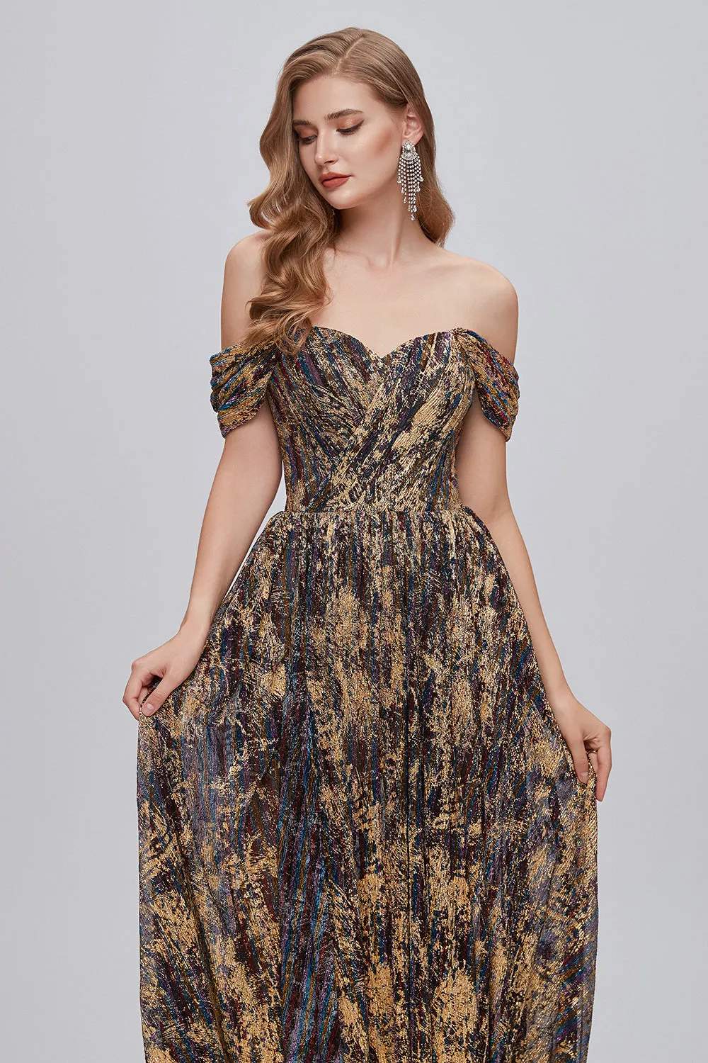 Glitter Brown Off the Shoulder Formal Dress with Slit sold by Zapaka product image thumbnail 3