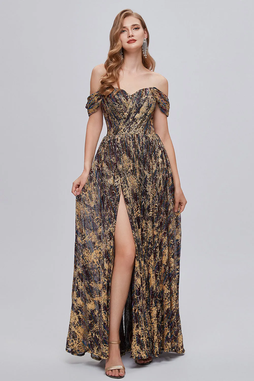 Glitter Brown Off the Shoulder Formal Dress with Slit sold by Zapaka