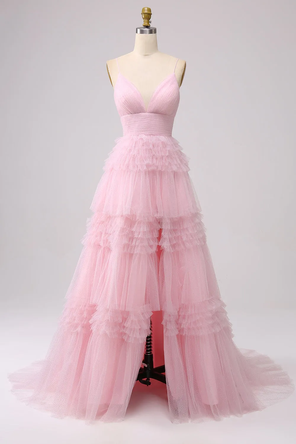 A Line Spaghetti Straps Light Pink Long Prom Dress with Ruffles sold by Zapaka