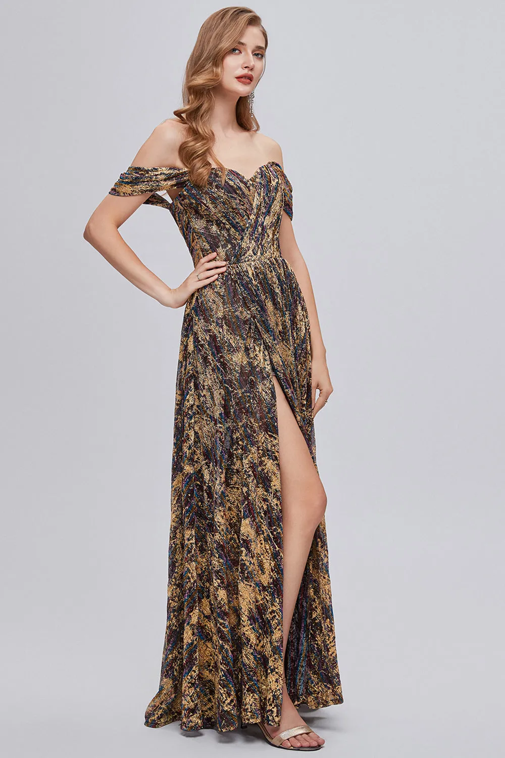 Glitter Brown Off the Shoulder Formal Dress with Slit sold by Zapaka product image thumbnail 4