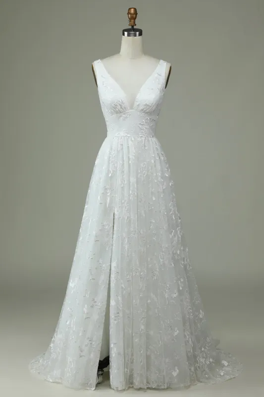 Ivory Lace V-Neck Wedding Dress with Slit sold by Zapaka