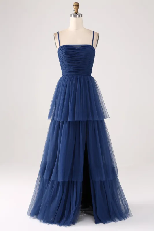A Line Spaghetti Straps Tiered Tulle Pleated Prom Dress with Slit sold by Zapaka