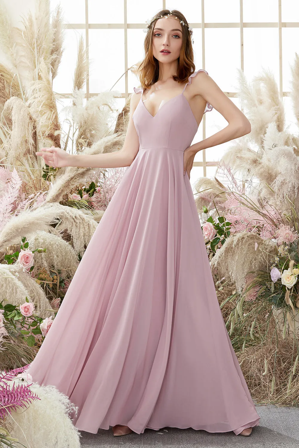 Blush Spaghetti Straps Chiffon Bridesmaid Dress sold by Zapaka