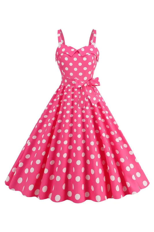 Pink Spaghetti Straps Polka Dots 1950s Dress With Bowknot sold by Zapaka
