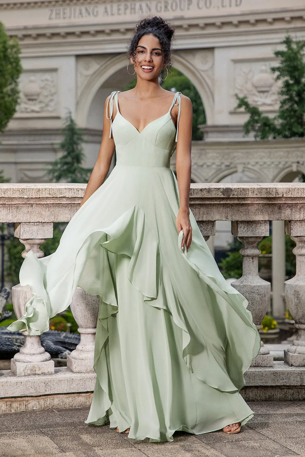 Matcha A Line Spaghetti Straps Long Bridesmaid Dress with Ruffles sold by Zapaka