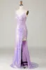 Sparkly Mermaid Spaghetti Straps Purple Corset Prom Dress with Slit sold by Zapaka