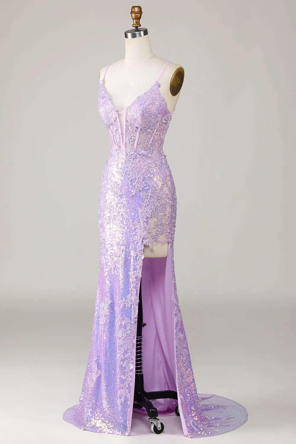 Sparkly Mermaid Spaghetti Straps Purple Corset Prom Dress with Slit sold by Zapaka product image thumbnail 3