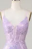 Sparkly Mermaid Spaghetti Straps Purple Corset Prom Dress with Slit sold by Zapaka