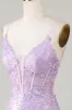 Sparkly Mermaid Spaghetti Straps Purple Corset Prom Dress with Slit sold by Zapaka