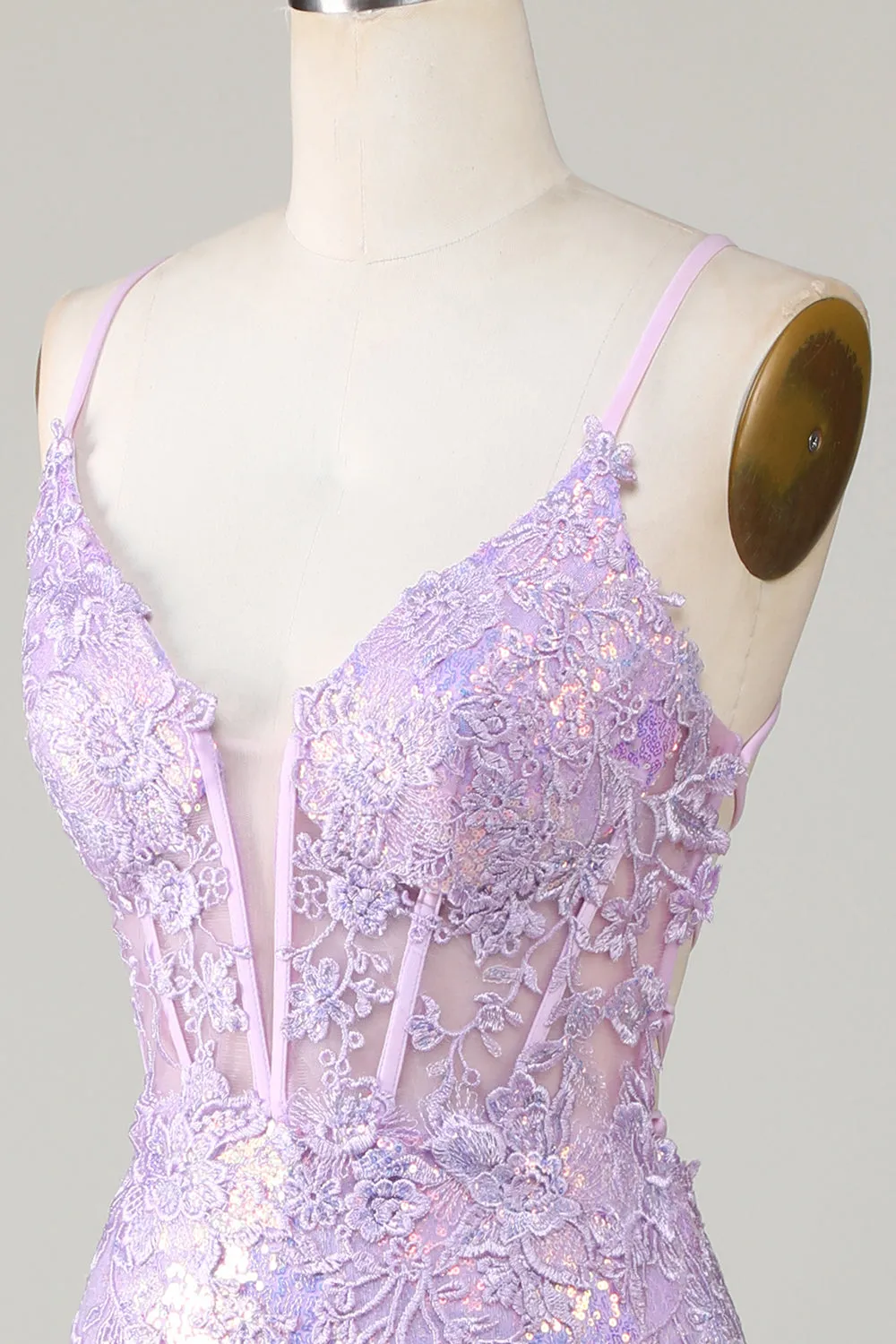 Sparkly Mermaid Spaghetti Straps Purple Corset Prom Dress with Slit sold by Zapaka product image thumbnail 5