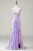 Sparkly Mermaid Spaghetti Straps Purple Corset Prom Dress with Slit sold by Zapaka