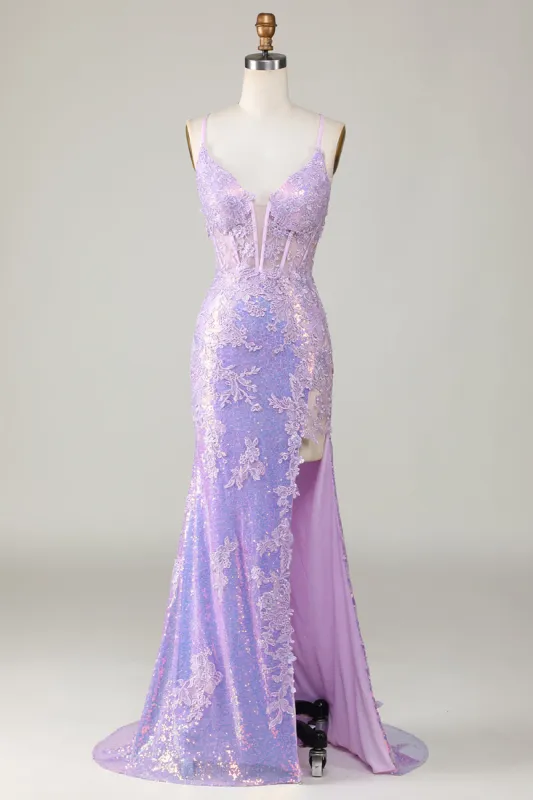 Sparkly Mermaid Spaghetti Straps Purple Corset Prom Dress with Slit sold by Zapaka