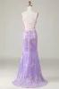 Sparkly Mermaid Spaghetti Straps Purple Corset Prom Dress with Slit sold by Zapaka