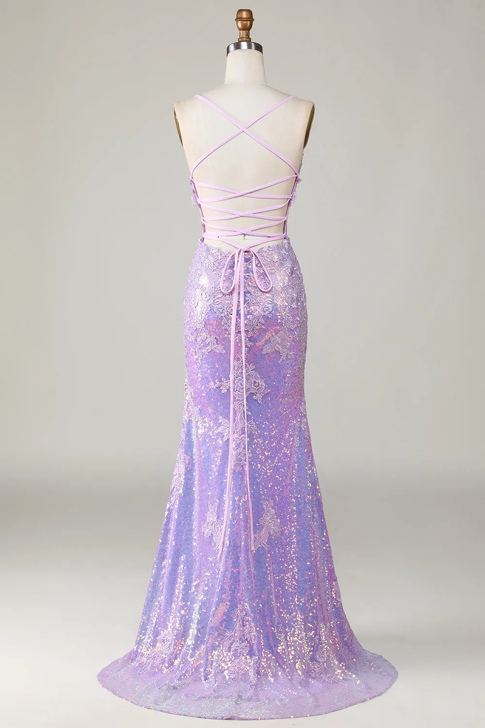 Sparkly Mermaid Spaghetti Straps Purple Corset Prom Dress with Slit sold by Zapaka product image thumbnail 2