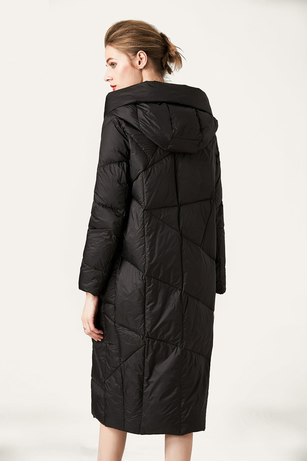 Black Button Quilted Hooded Long Puff Jacket sold by Zapaka product image thumbnail 2