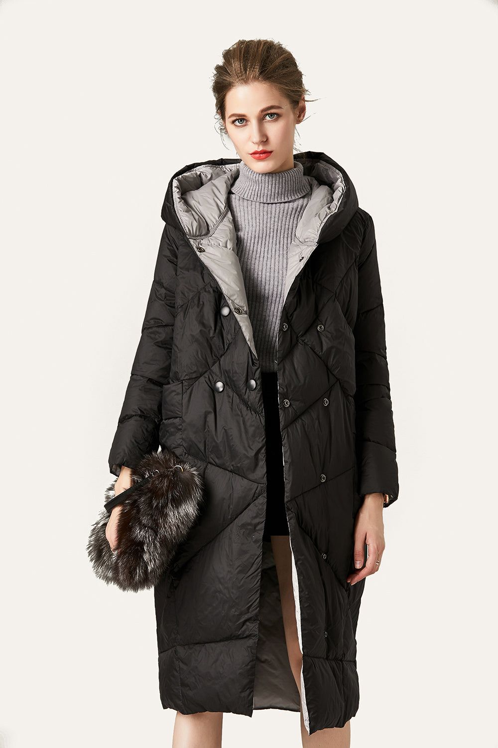 Black Button Quilted Hooded Long Puff Jacket sold by Zapaka product image thumbnail 3