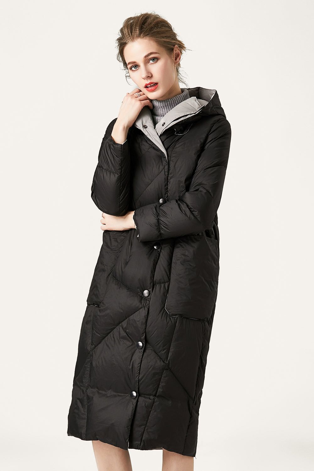 Black Button Quilted Hooded Long Puff Jacket sold by Zapaka product image thumbnail 4