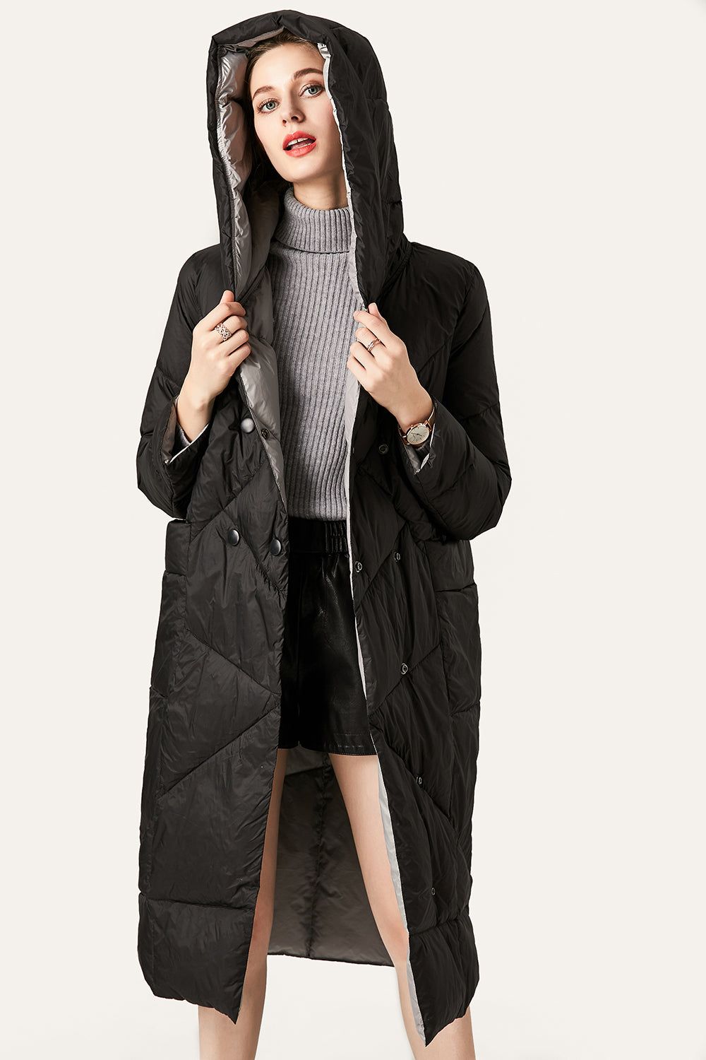 Black Button Quilted Hooded Long Puff Jacket sold by Zapaka