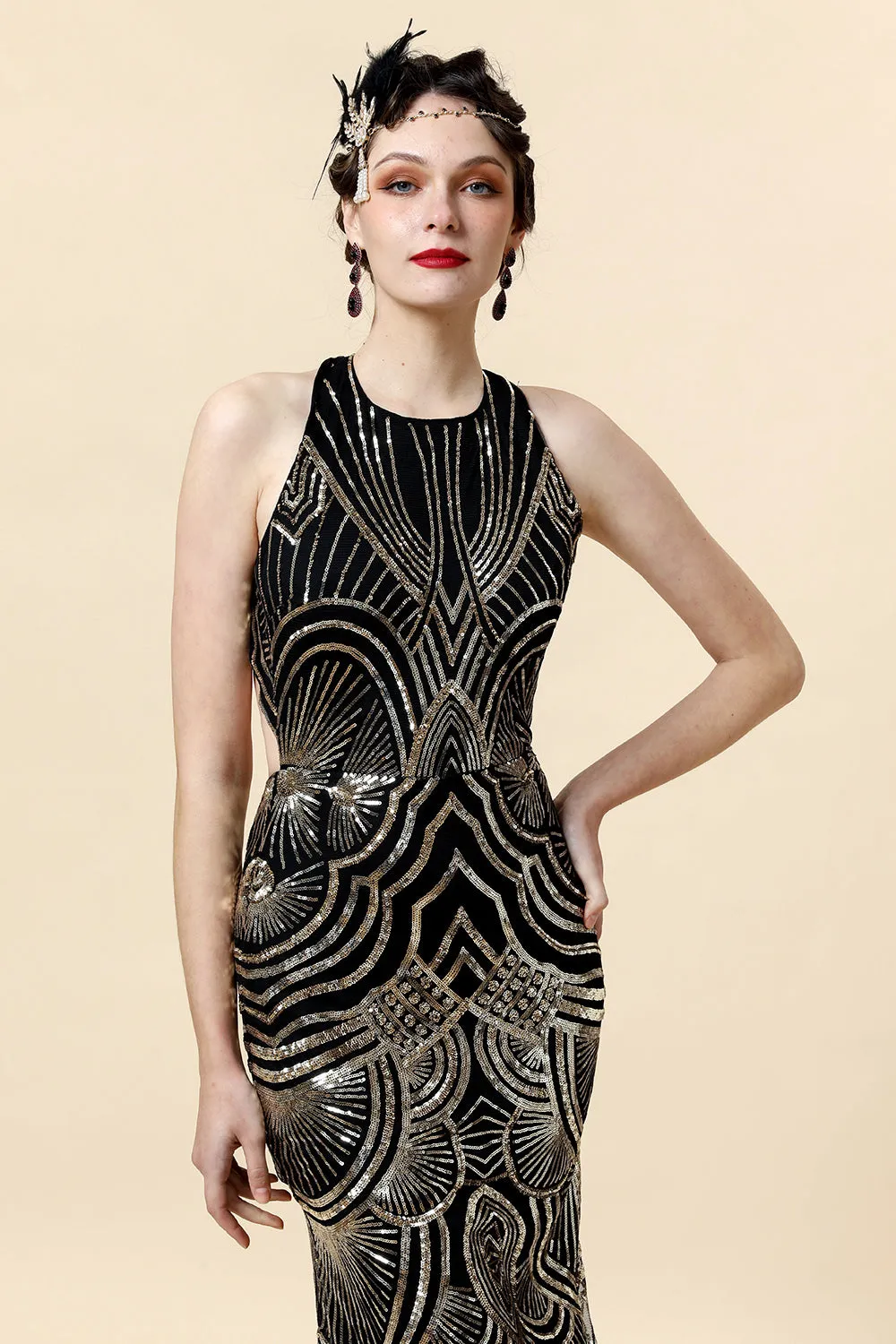 Halter Golden Sequins Flapper Dress with 20s Accessories Set sold by Zapaka product image thumbnail 4
