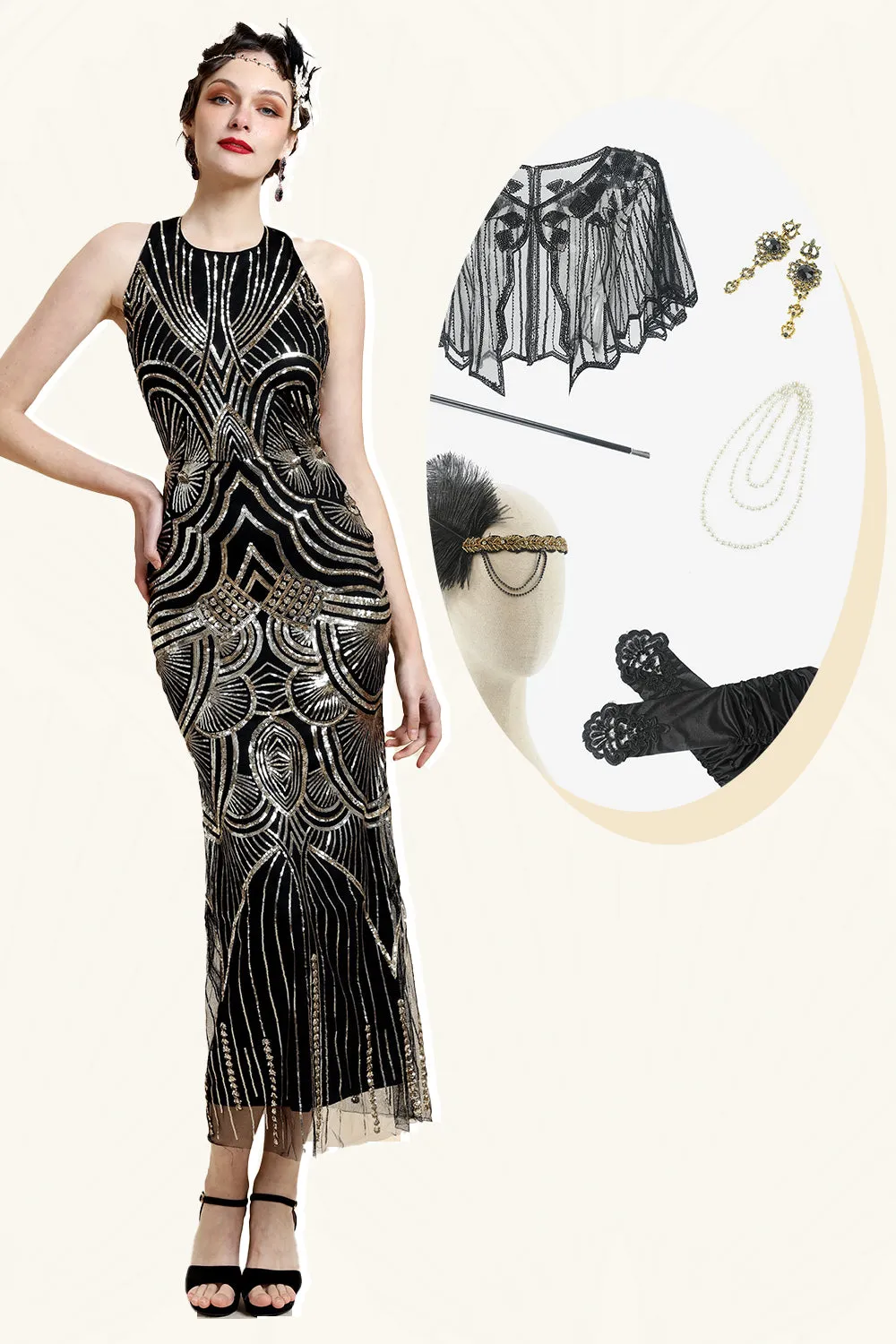 Halter Golden Sequins Flapper Dress with 20s Accessories Set sold by Zapaka