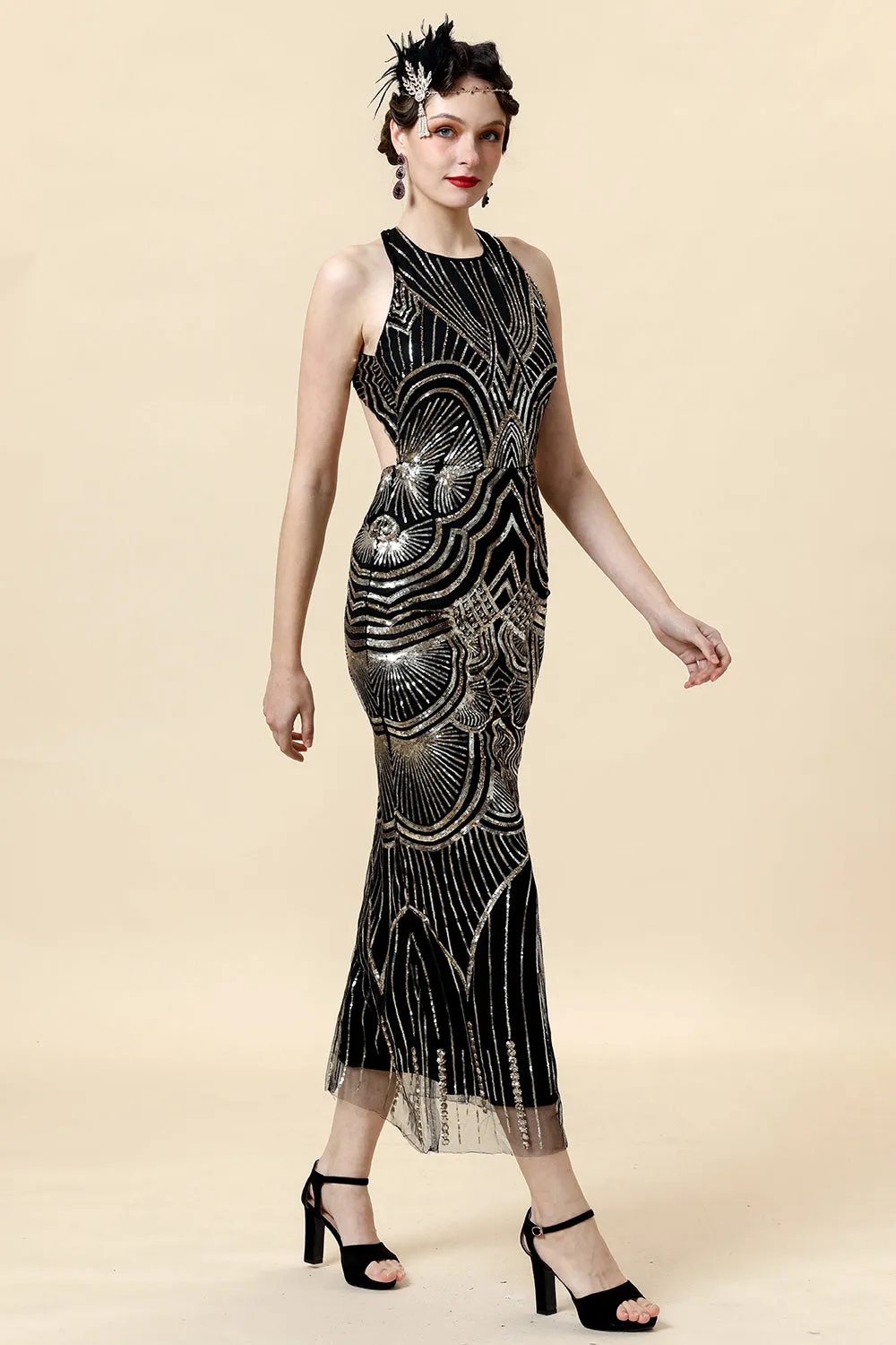 Halter Golden Sequins Flapper Dress with 20s Accessories Set sold by Zapaka product image thumbnail 5