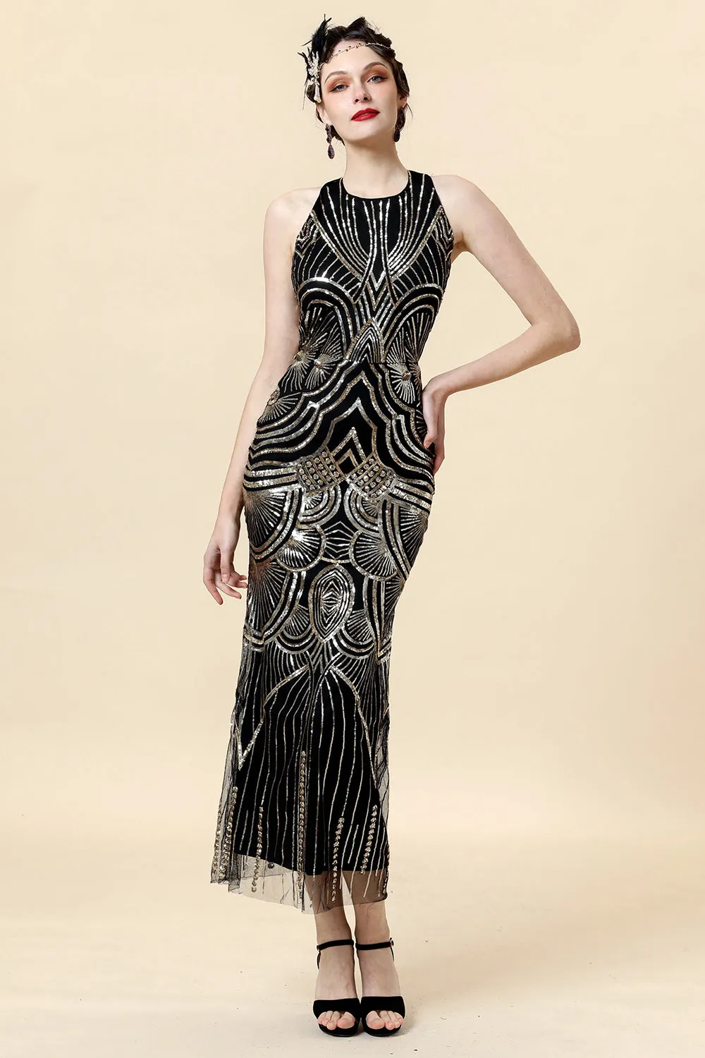 Halter Golden Sequins Flapper Dress with 20s Accessories Set sold by Zapaka product image thumbnail 2