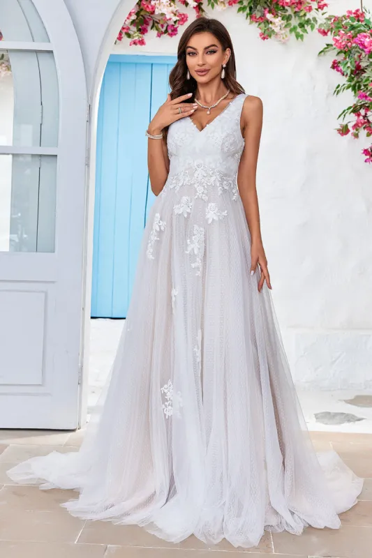 Apricot Tulle Sweep Train A Line Wedding Dress with Lace sold by Zapaka