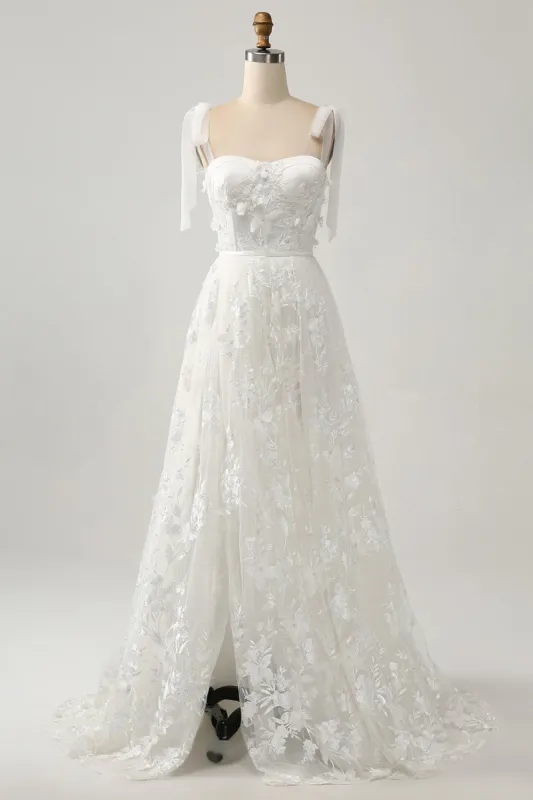 Ivory A-Line Spaghetti Straps Wedding Dress with Appliques sold by Zapaka