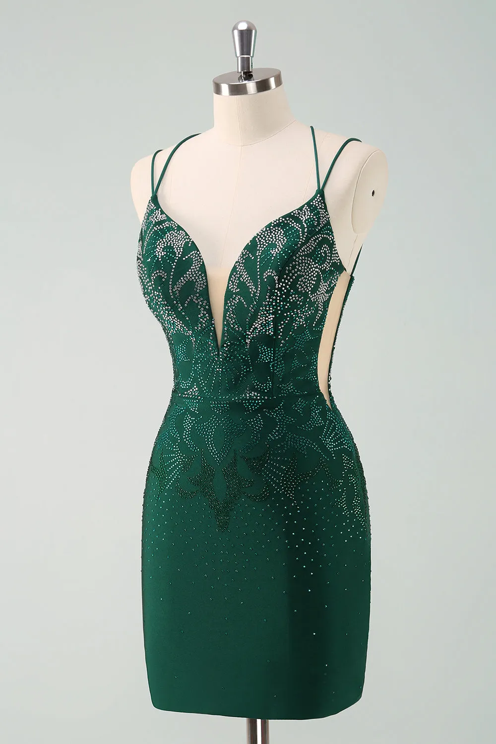 Dark Green Bodycon Spaghetti Straps Short Homecoming Dress with Beading sold by Zapaka product image thumbnail 3