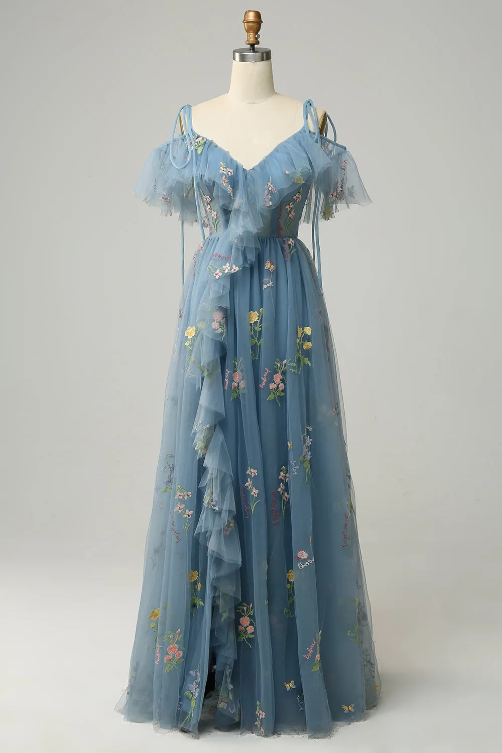 A-Line V-Neck Spaghetti Straps Embroidery Grey Blue Long Prom Dress with Slit sold by Zapaka