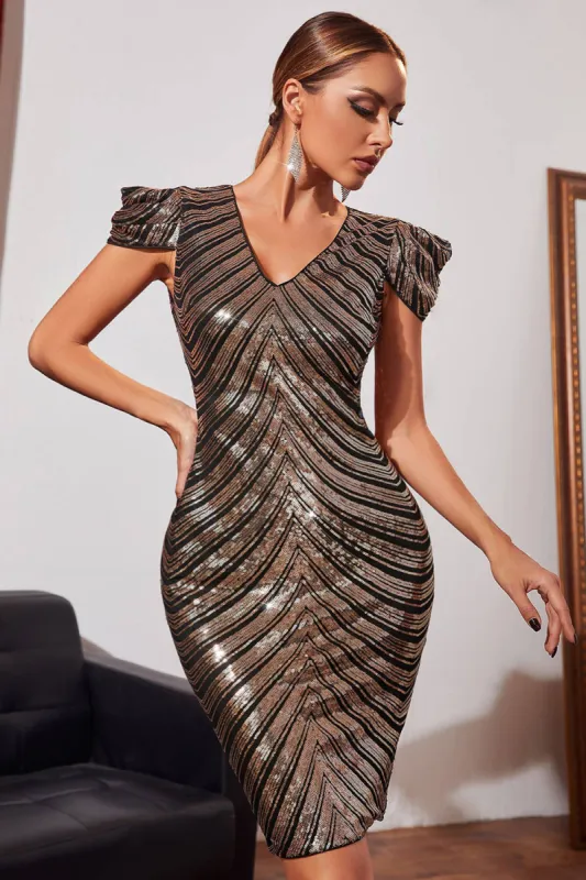 Black Sequin Cap Sleeves V-neck Bodycon Cocktail Dress sold by Zapaka