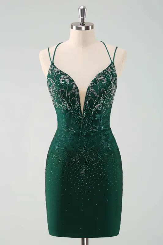 Dark Green Bodycon Spaghetti Straps Short Homecoming Dress with Beading made by Zapaka