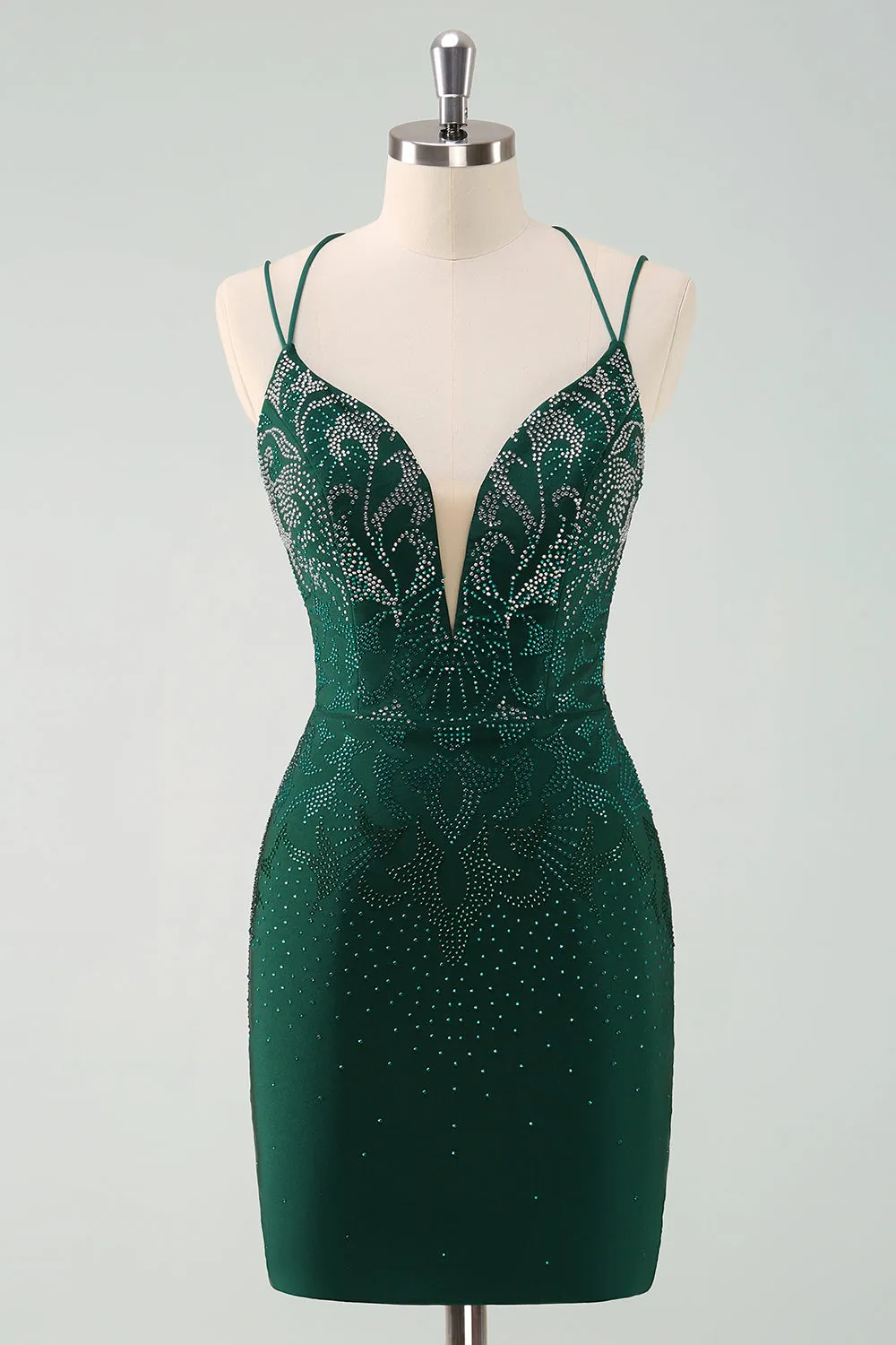 Dark Green Bodycon Spaghetti Straps Short Homecoming Dress with Beading sold by Zapaka