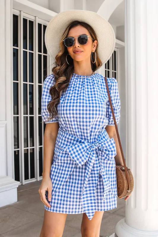 Bue Plaid Summer Dress with Bow sold by Zapaka