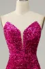 Hot Pink Strapless Sequin Prom Dress with Slit sold by Zapaka