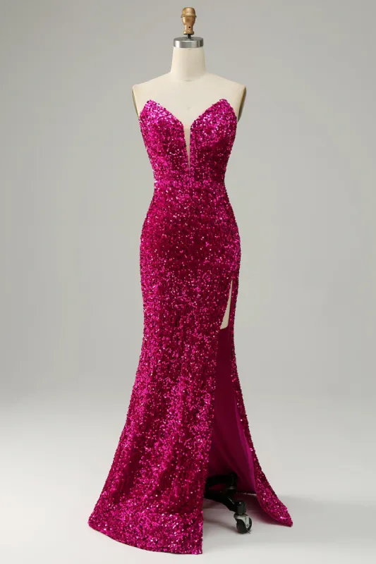 Hot Pink Strapless Sequin Prom Dress with Slit sold by Zapaka