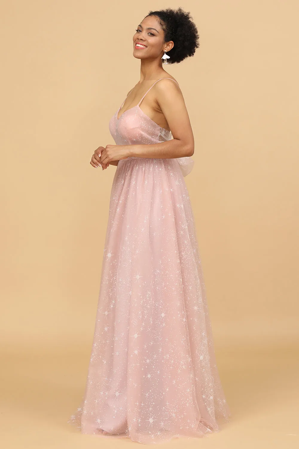 A Line Spaghetti Straps Blush Long Bridesmaid Dress sold by Zapaka product image thumbnail 4