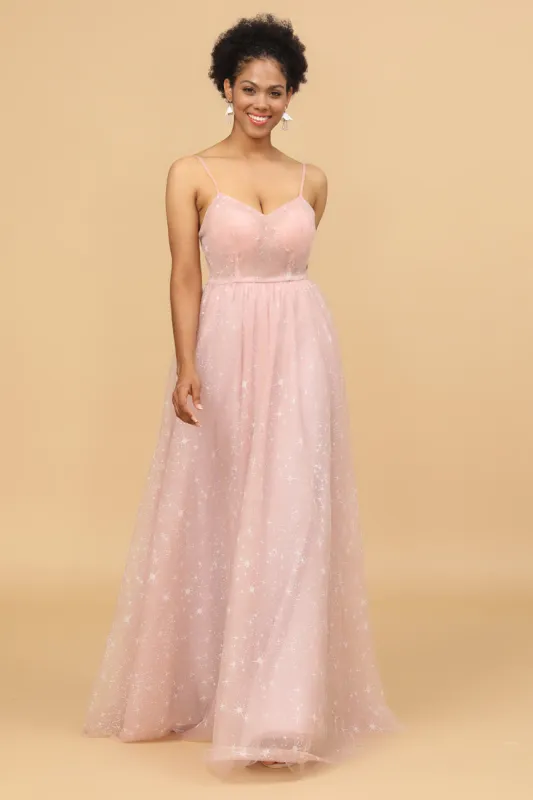 A Line Spaghetti Straps Blush Long Bridesmaid Dress sold by Zapaka